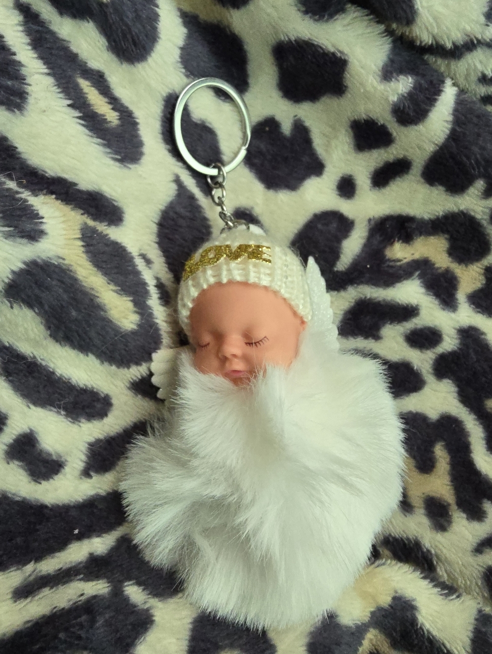 Plush Baby Doll Keychain with White Faux Fur Love Print On Hat